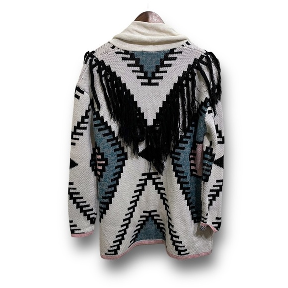 Sloane Rouge Aztec Print Fringe Open Front Cardigan Wool Blend Beige Medium - Picture 2 of 5